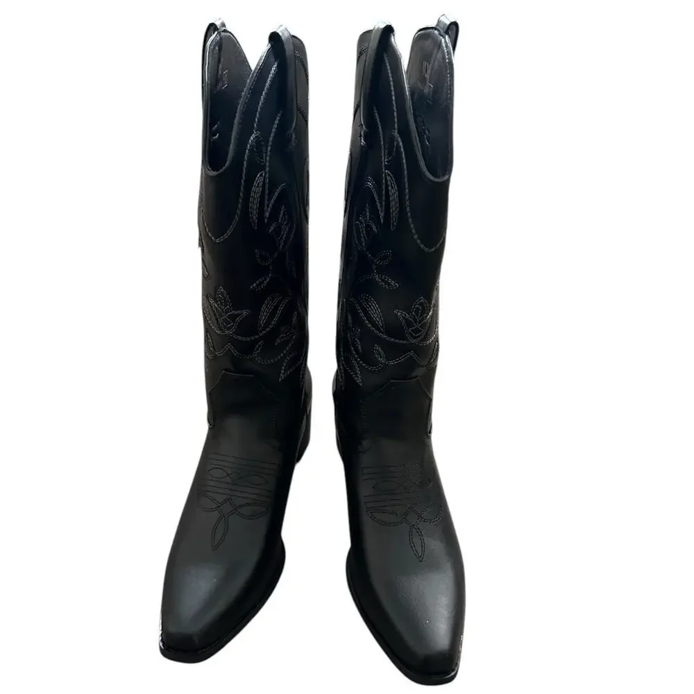 IUV Women’s Size 10 Black Leather Cowboy Cowgirl Boots Embroidered Pointy Toe